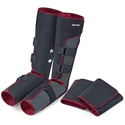 Beurer FM150 Pro Botas de Presoterapia de uso doméstico, masaje de presión, 4 manguitos, botón seguridad apagado automático, bolsa para guardar, negro rojo